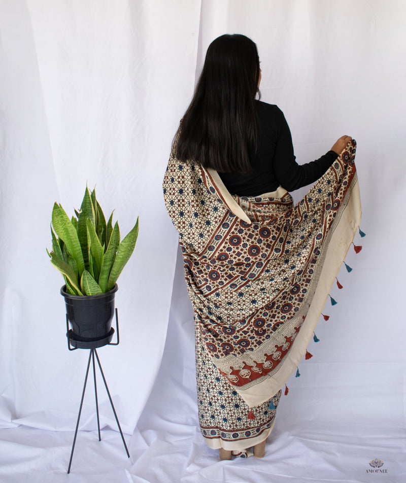 AJRAKH MODAL SILK HAND BLOCK PRINTED SAREE