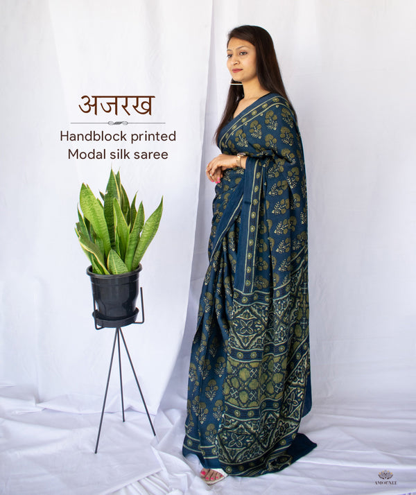 AJRAKH MODAL SILK HAND BLOCK PRINTED SAREE