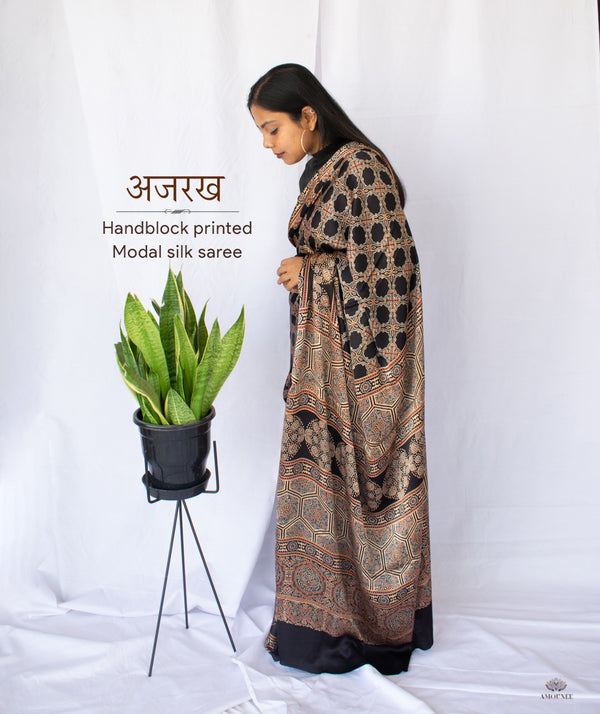 AJRAKH MODAL SILK HAND BLOCK PRINTED SAREE