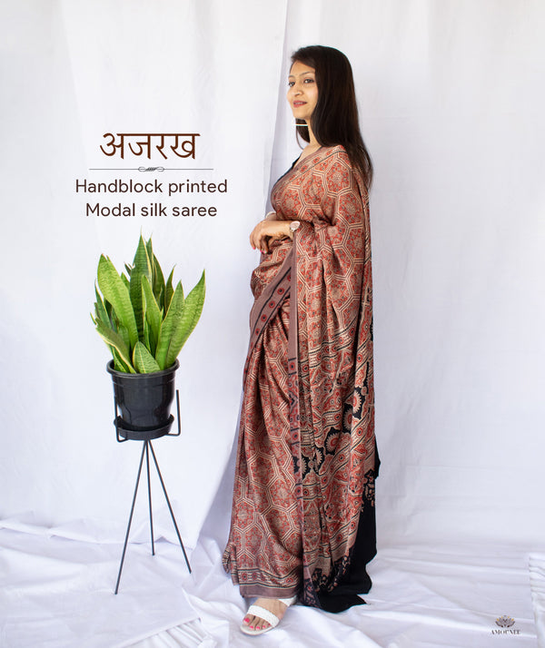AJRAKH MODAL SILK HAND BLOCK PRINTED SAREE