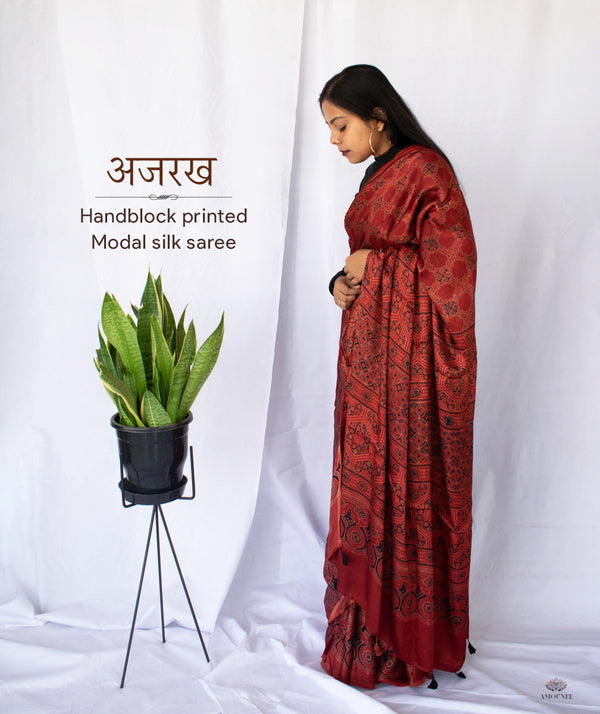 AJRAKH MODAL SILK HAND BLOCK PRINTED SAREE