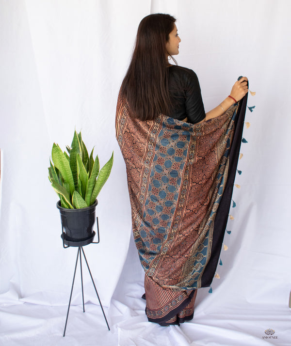 AJRAKH MODAL SILK HAND BLOCK PRINTED SAREE
