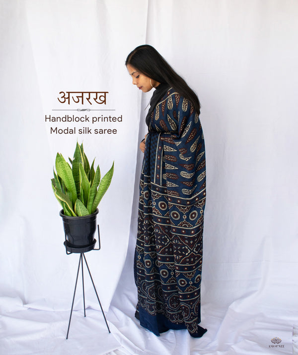 AJRAKH MODAL SILK HAND BLOCK PRINTED SAREE