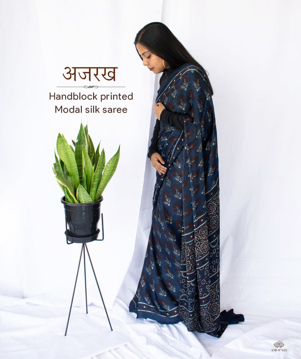 AJRAKH MODAL SILK HAND BLOCK PRINTED SAREE