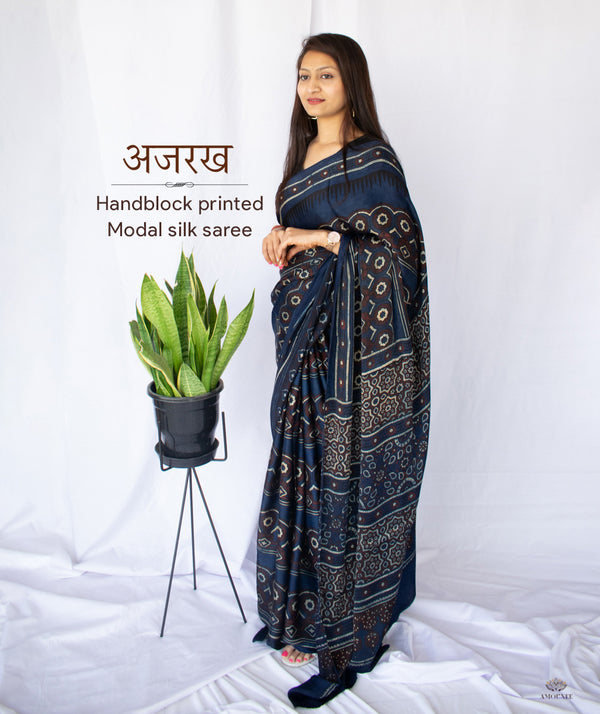 AJRAKH MODAL SILK HAND BLOCK PRINTED SAREE