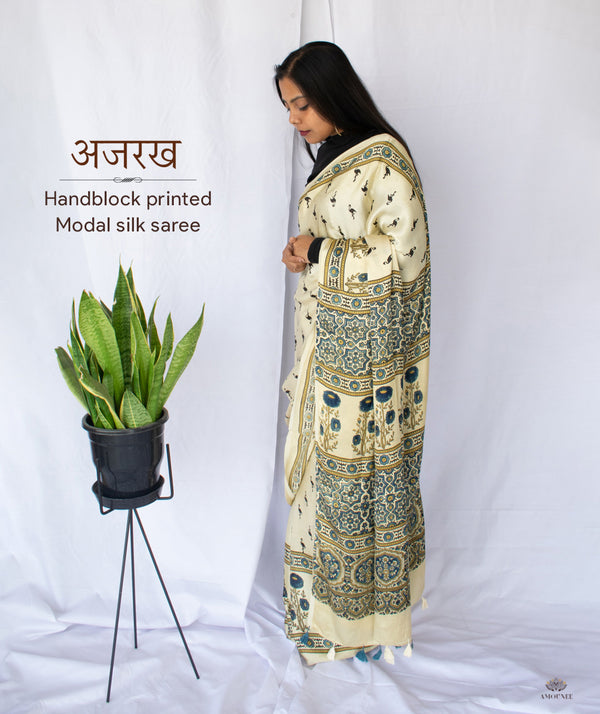 AJRAKH MODAL SILK HAND BLOCK PRINTED SAREE