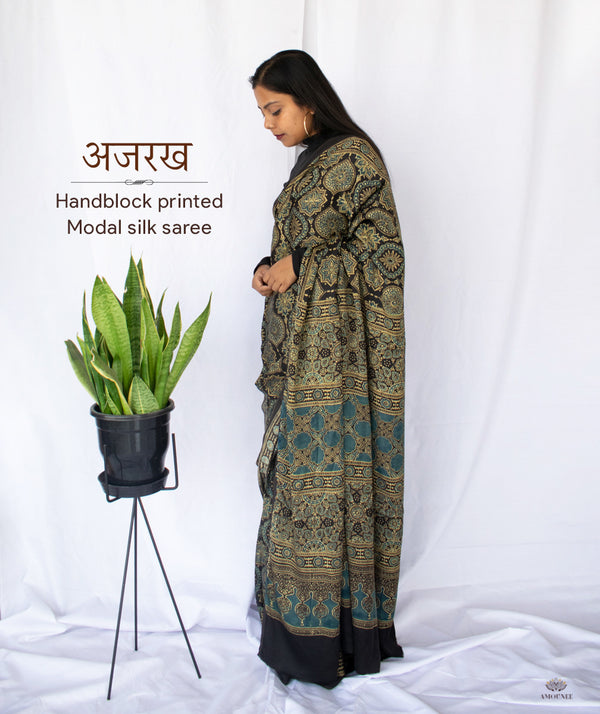 AJRAKH MODAL SILK HAND BLOCK PRINTED SAREE