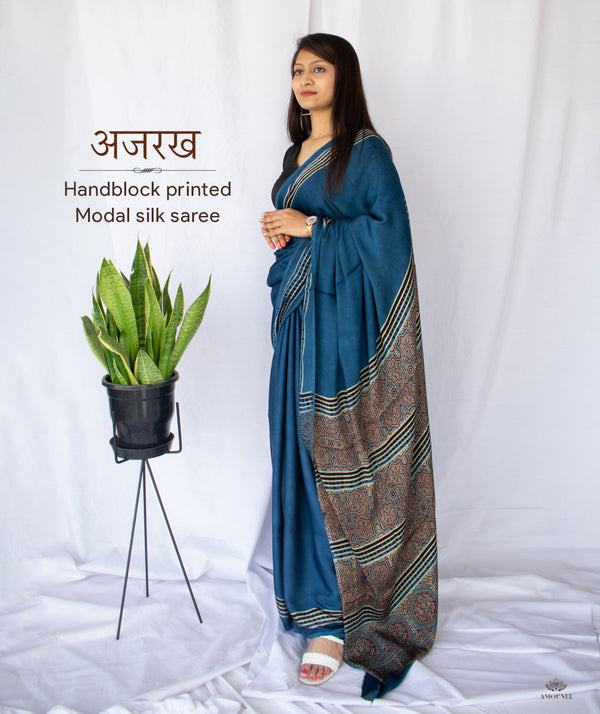 AJRAKH MODAL SILK HAND BLOCK PRINTED SAREE