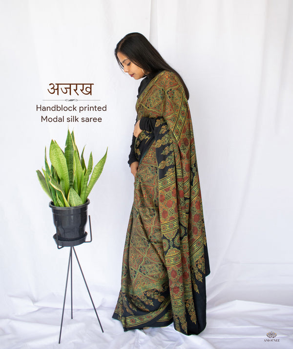 AJRAKH MODAL SILK HAND BLOCK PRINTED SAREE