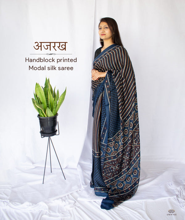 AJRAKH MODAL SILK HAND BLOCK PRINTED SAREE
