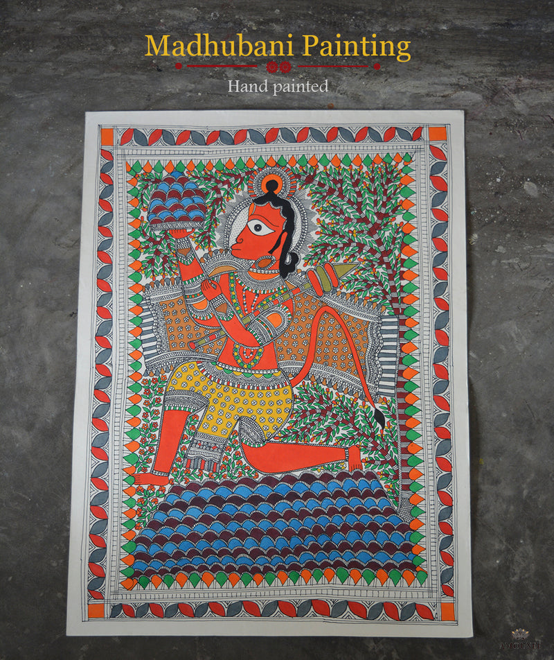 Madhubani Hand Painting: Lord Hanuman lifting Neelgiri Parvat