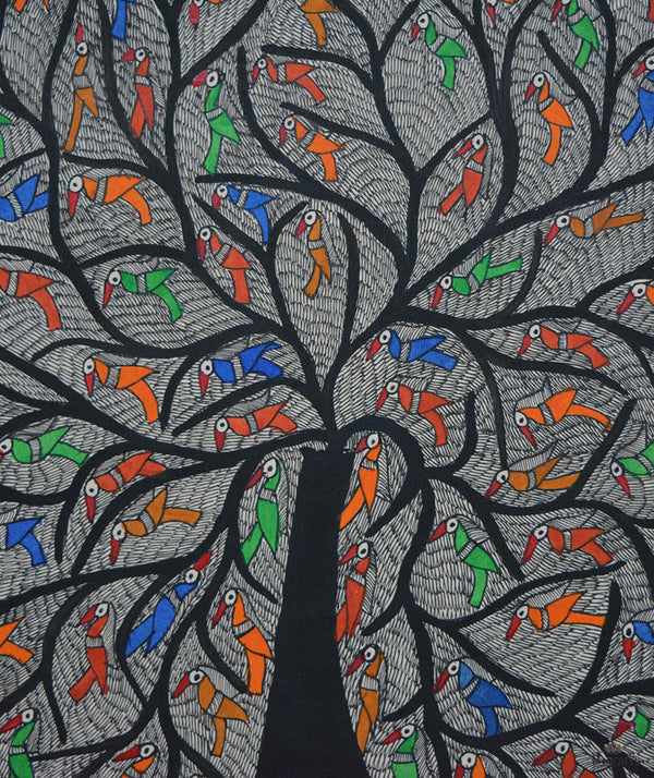 Madhubani Hand Painting: Tree of Life with birds