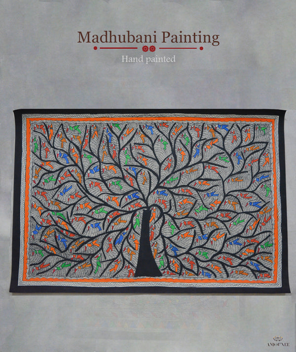 Madhubani Hand Painting: Tree of Life with birds