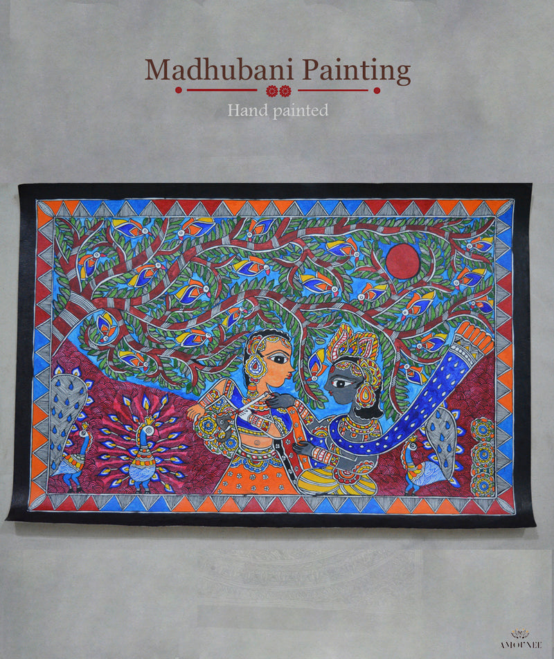 Madhubani Hand Painting: Radha Krishna playing