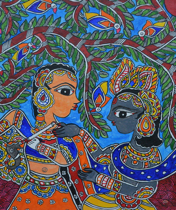 Madhubani Hand Painting: Radha Krishna playing