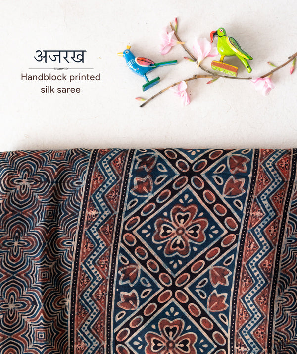 Ajrakh modal silk hand block printed saree