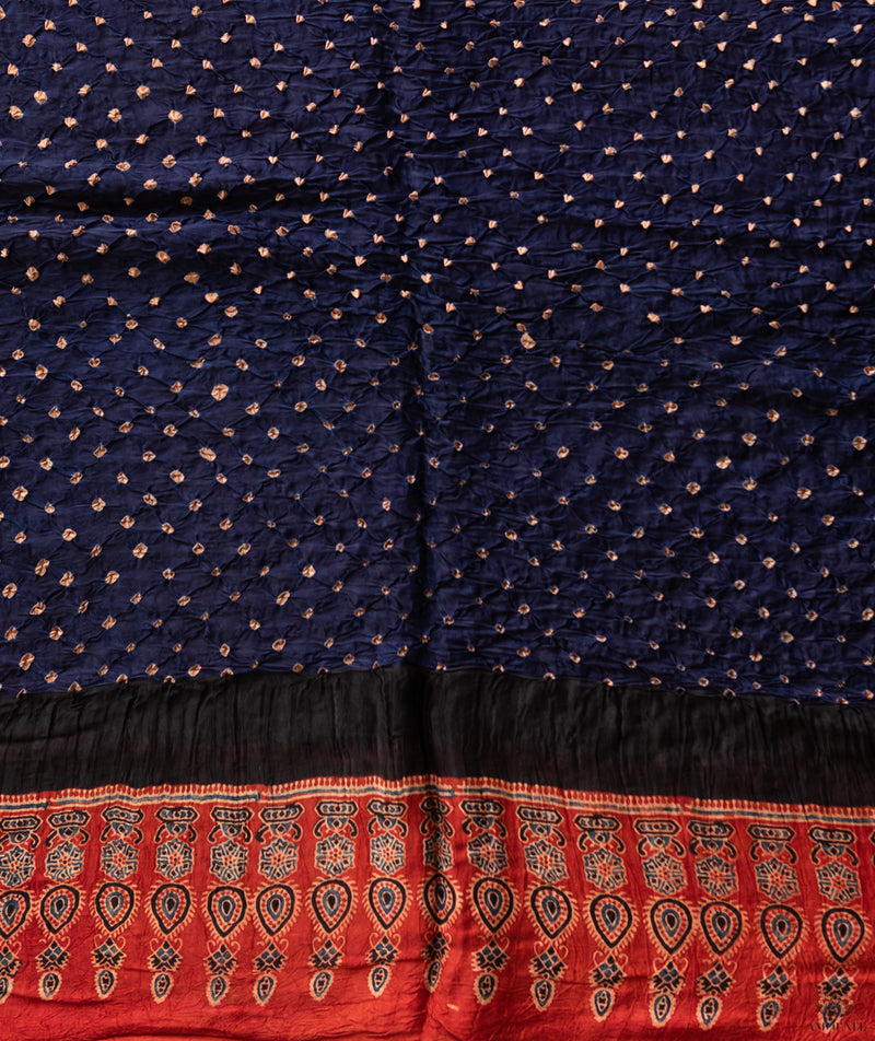 Ajrakh Bandhani Silk Handblock Printed Saree