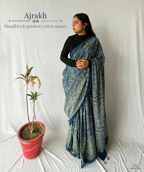 Ajrakh Cotton Handblock Printed Saree