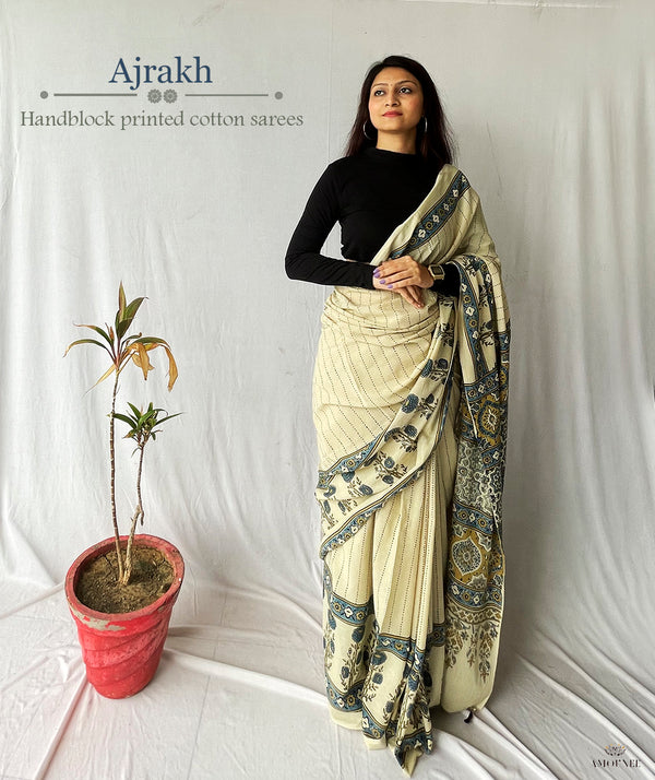 Ajrakh Cotton Handblock Printed Saree