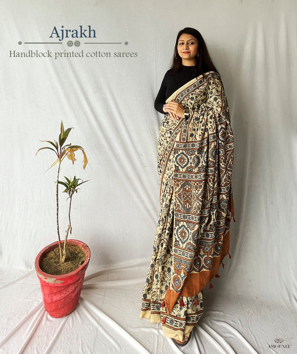 Ajrakh Cotton Handblock Printed Saree