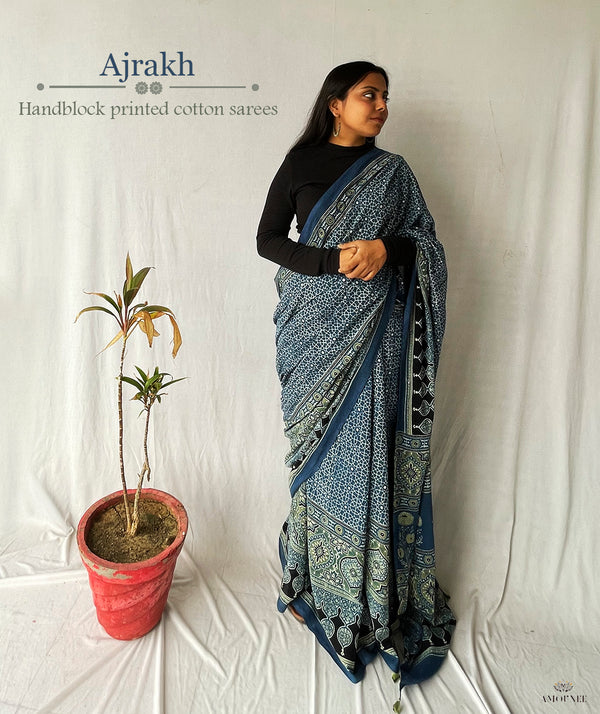 Ajrakh Cotton Handblock Printed Saree