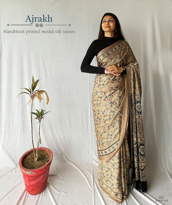 Ajrakh Modal Silk Handblock Printed Saree
