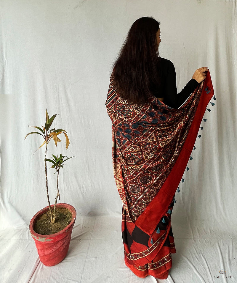 Ajrakh Modal Silk Handblock Printed Saree