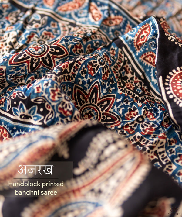 Ajrakh Bandhani Silk Handblock Printed Saree