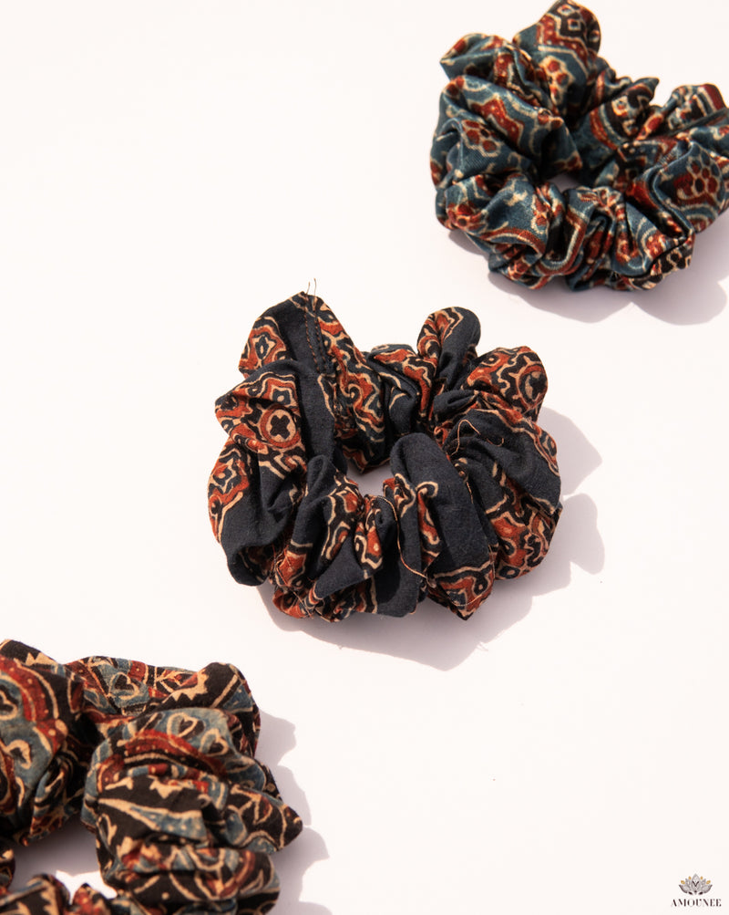 Ajrakh Handblock Printed Small Scrunchies (Set Of 3)