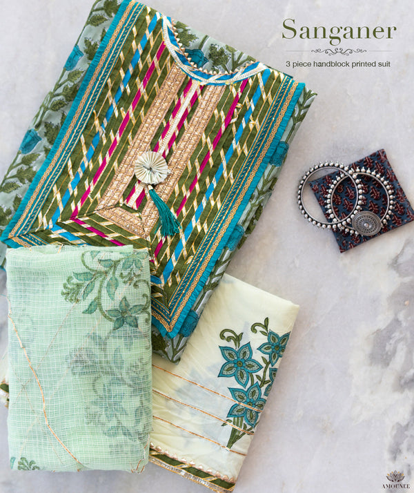HANDBLOCK PRINTED SANGANEER GOTA PATTI COTTON SUITS WITH KOTA DUPATTA