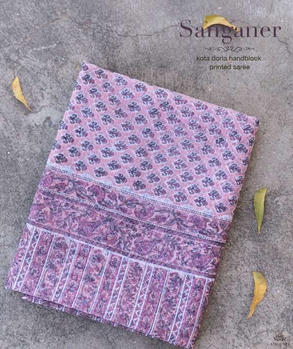 Sanganeer Handblock Printed Kota Doria Saree