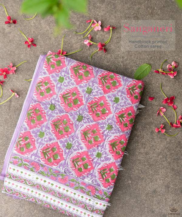 Sanganeer cotton Handblock Printed Saree