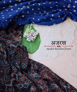 Ajrakh cotton Bandhani hand block printed saree