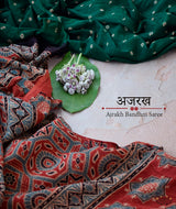 Ajrakh cotton Bandhani hand block printed saree