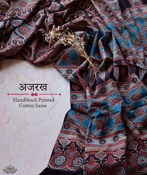Ajrakh Cotton Handblock Printed Saree