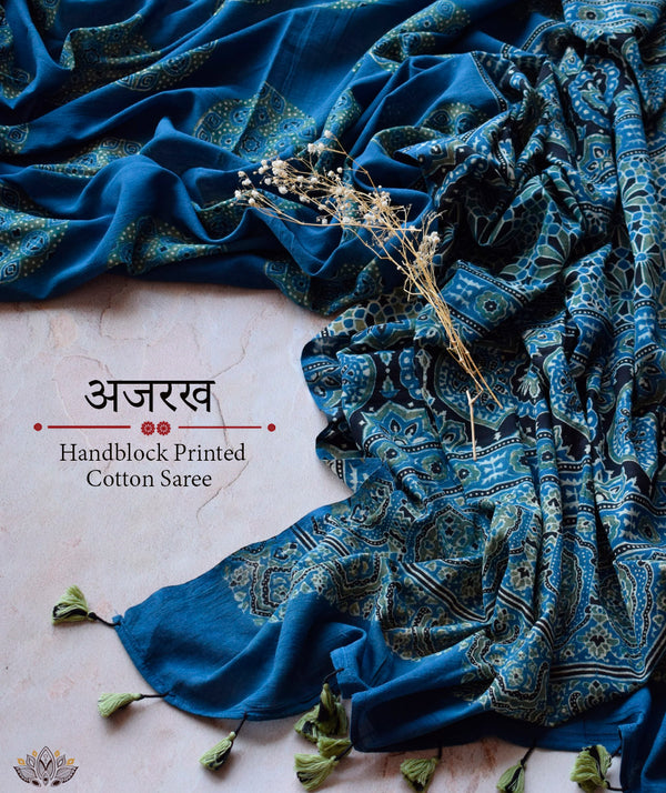 Ajrakh Cotton Handblock Printed Saree
