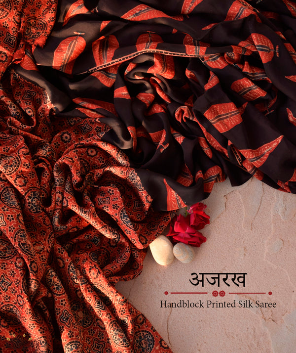 Ajrakh modal silk hand block printed saree