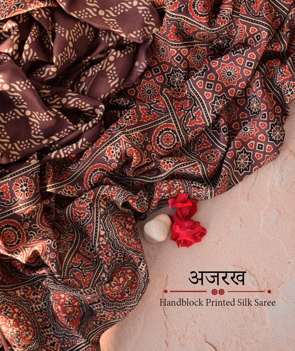 Ajrakh modal silk hand block printed saree