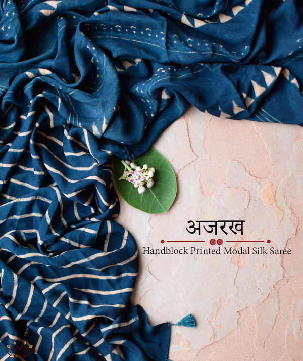 Ajrakh Modal Silk Hand Block Printed Saree