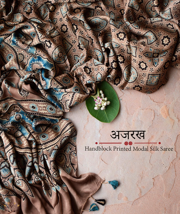 Ajrakh Modal Silk Hand Block Printed Saree