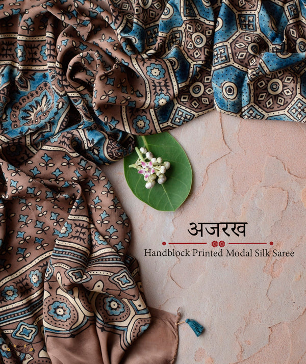 Ajrakh Modal Silk Hand Block Printed Saree