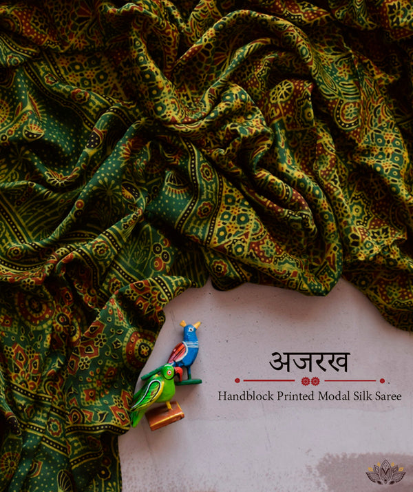 Ajrakh modal silk hand block printed saree