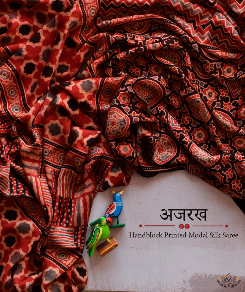 Ajrakh modal silk hand block printed saree