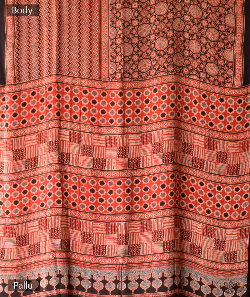 Ajrakh modal silk hand block printed saree