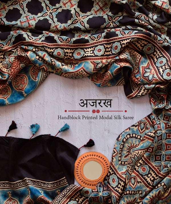 Ajrakh Modal Silk Hand Block Printed Saree