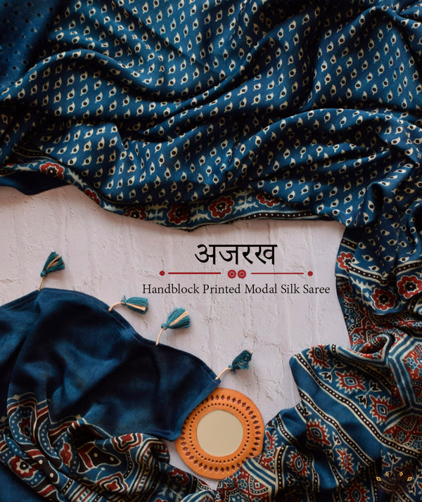 Ajrakh Modal Silk Hand Block Printed Saree