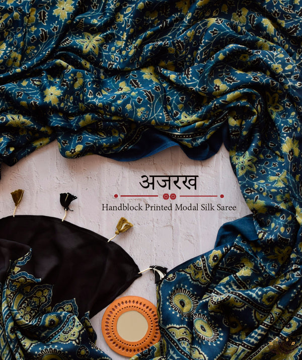 Ajrakh Modal Silk Hand Block Printed Saree