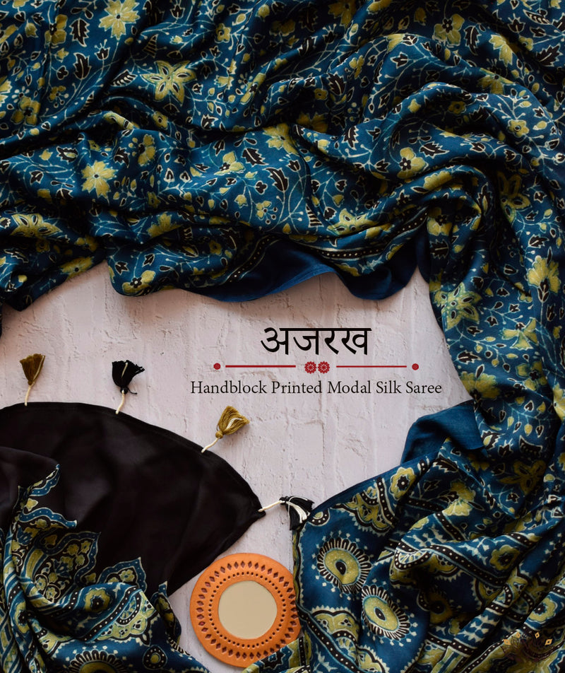 Ajrakh Modal Silk Hand Block Printed Saree