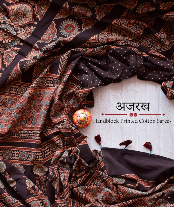 Ajrakh Cotton Handblock Printed Saree