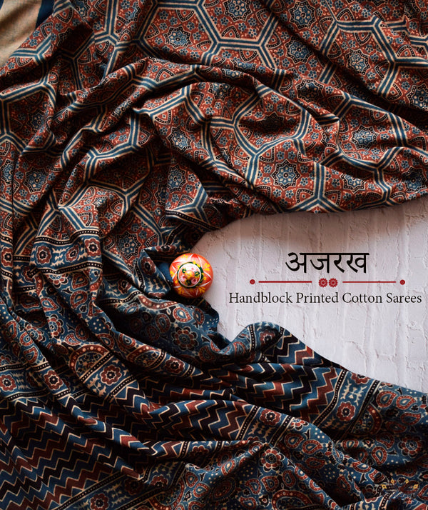 Ajrakh Cotton Handblock Printed Saree